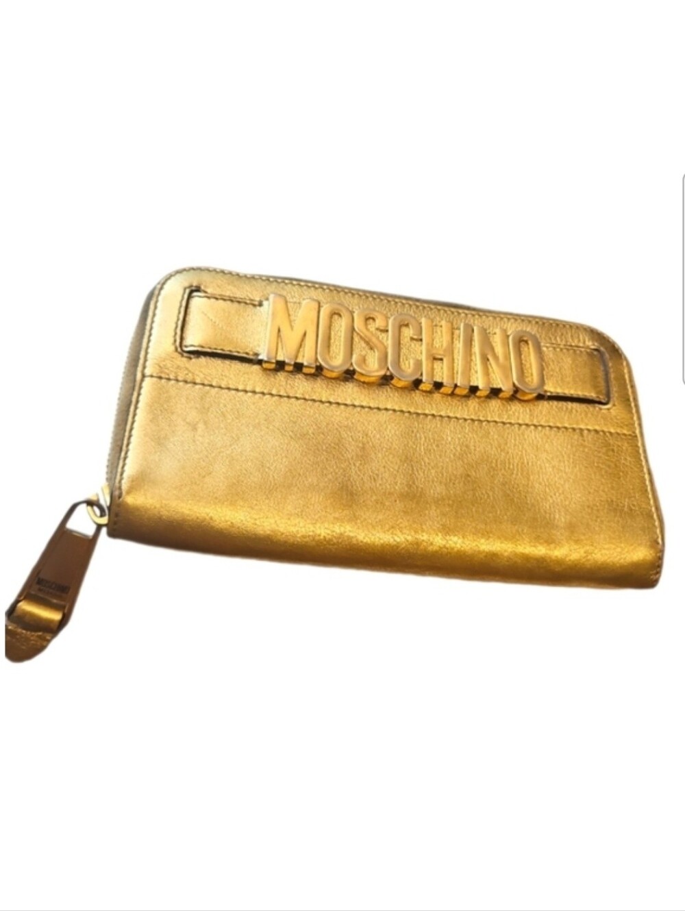 MOSCHINO | Metallic Gold Leather Raised Logo Zip Around Continental Wallet